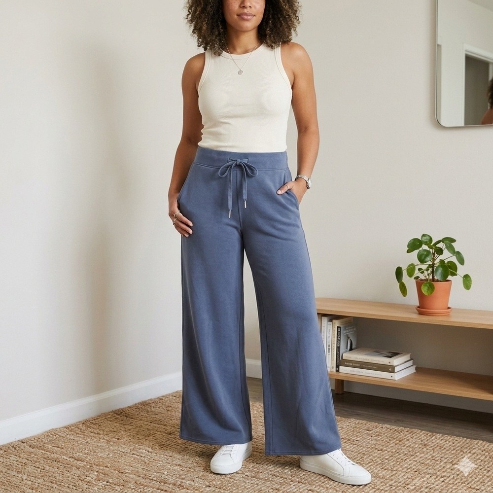 Spanx AirEssentials Wide Leg Pants Womens Small Blue Grey Drawstring Lounge‎